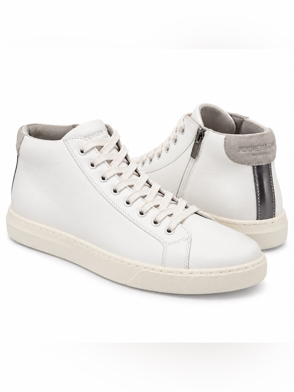 Kenneth Cole New York White High-Top Leather Sneakers with Gray Accent